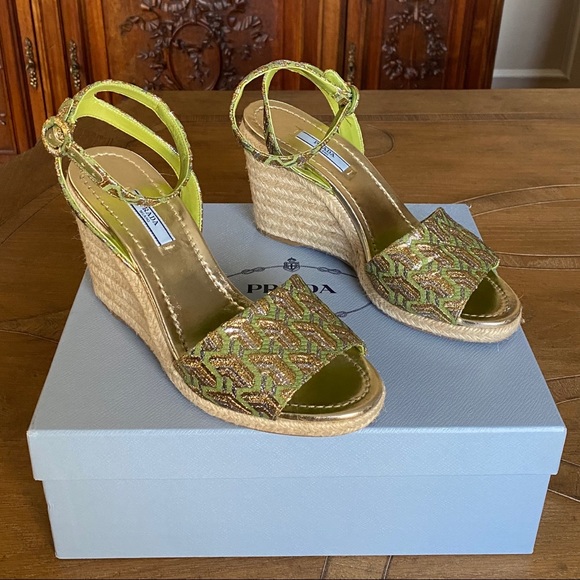 🇺🇸🇺🇦Prada Metallic Brocade Platform Espadrille Sandals - Picture 3 of 12